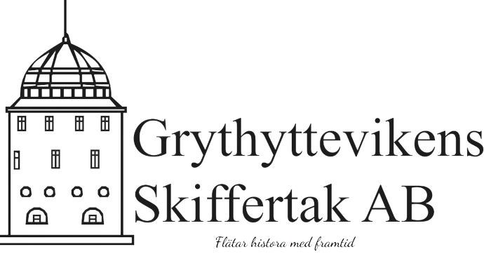 Logotyp för Grythyttevikens Skiffertak AB med en stiliserad byggnad med texten "Vi täcker hela världen!.