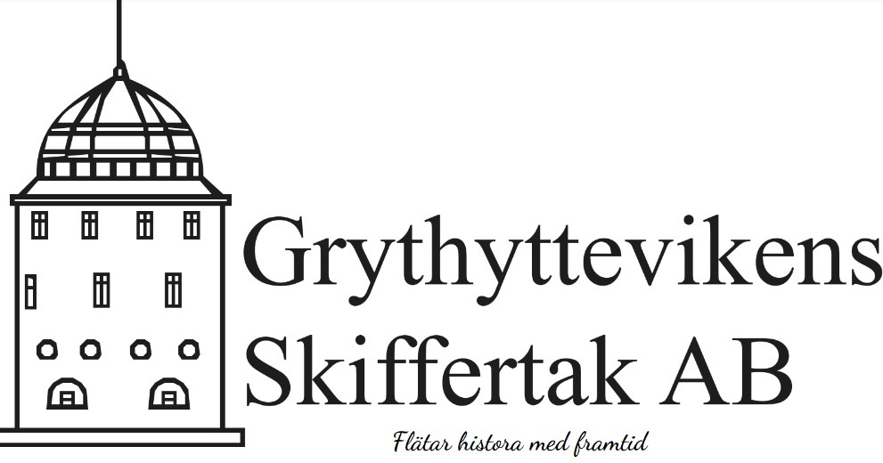 Logotyp för Grytbytevikens Skiffertak AB med en stiliserad byggnad med kupol och texten "Flätar historia med framtid.